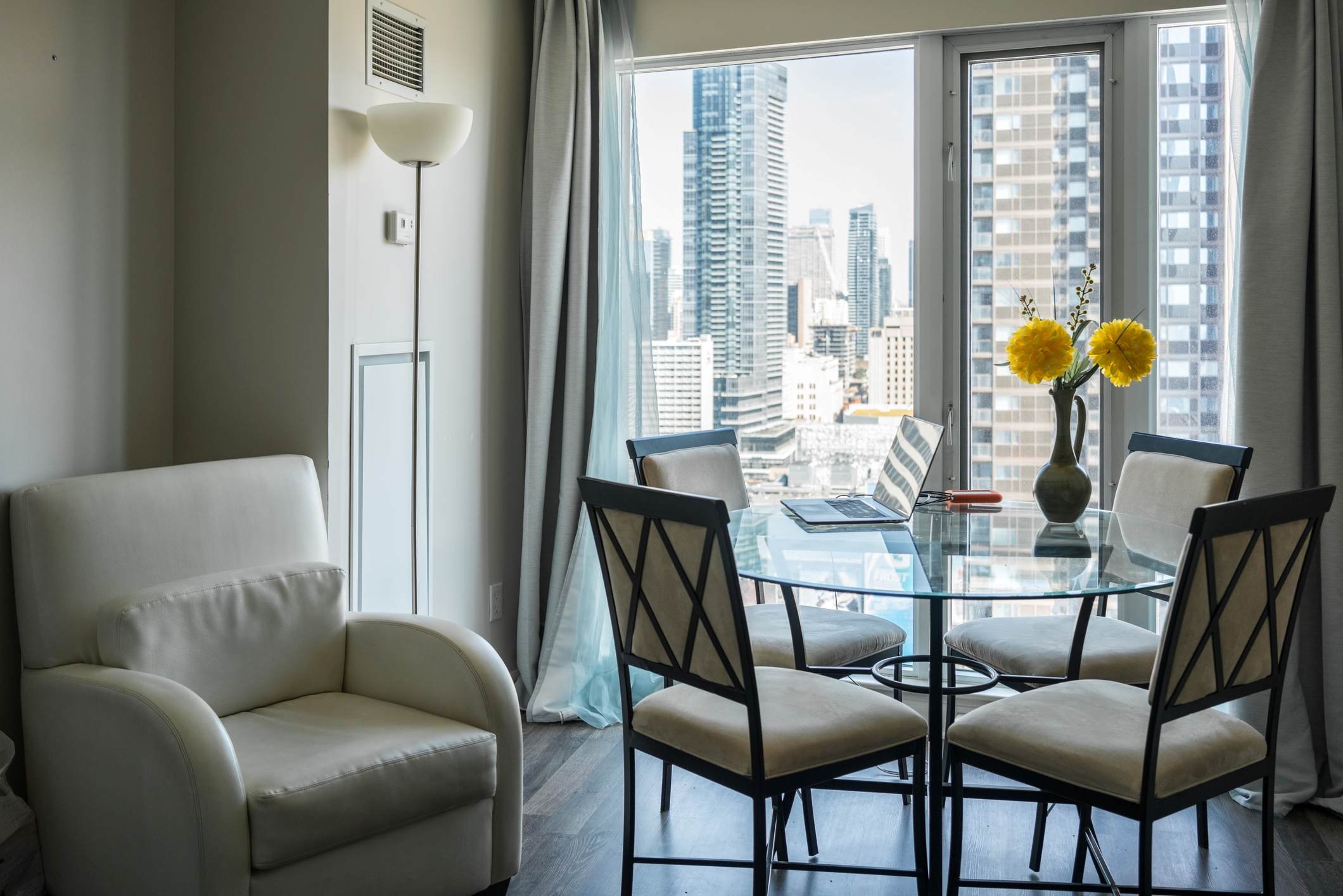 Interior of modern room with view of city from window