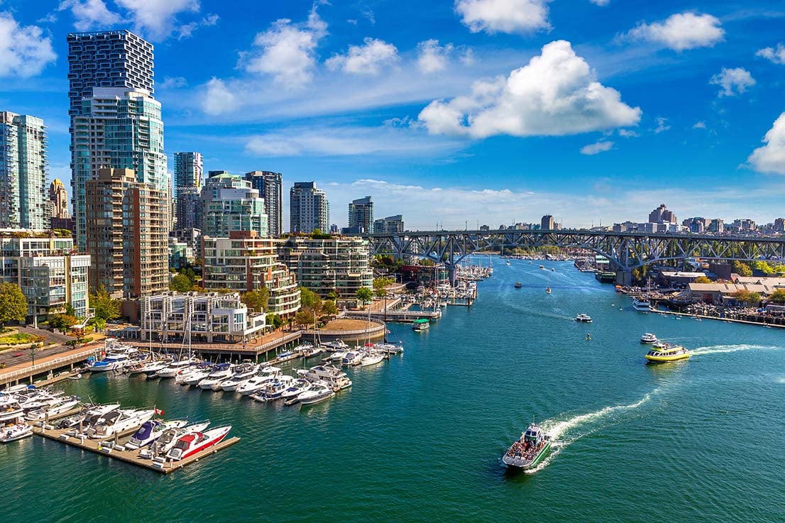 Panoramic aerial view of False creek in Vancouver in a sunny day, Canada