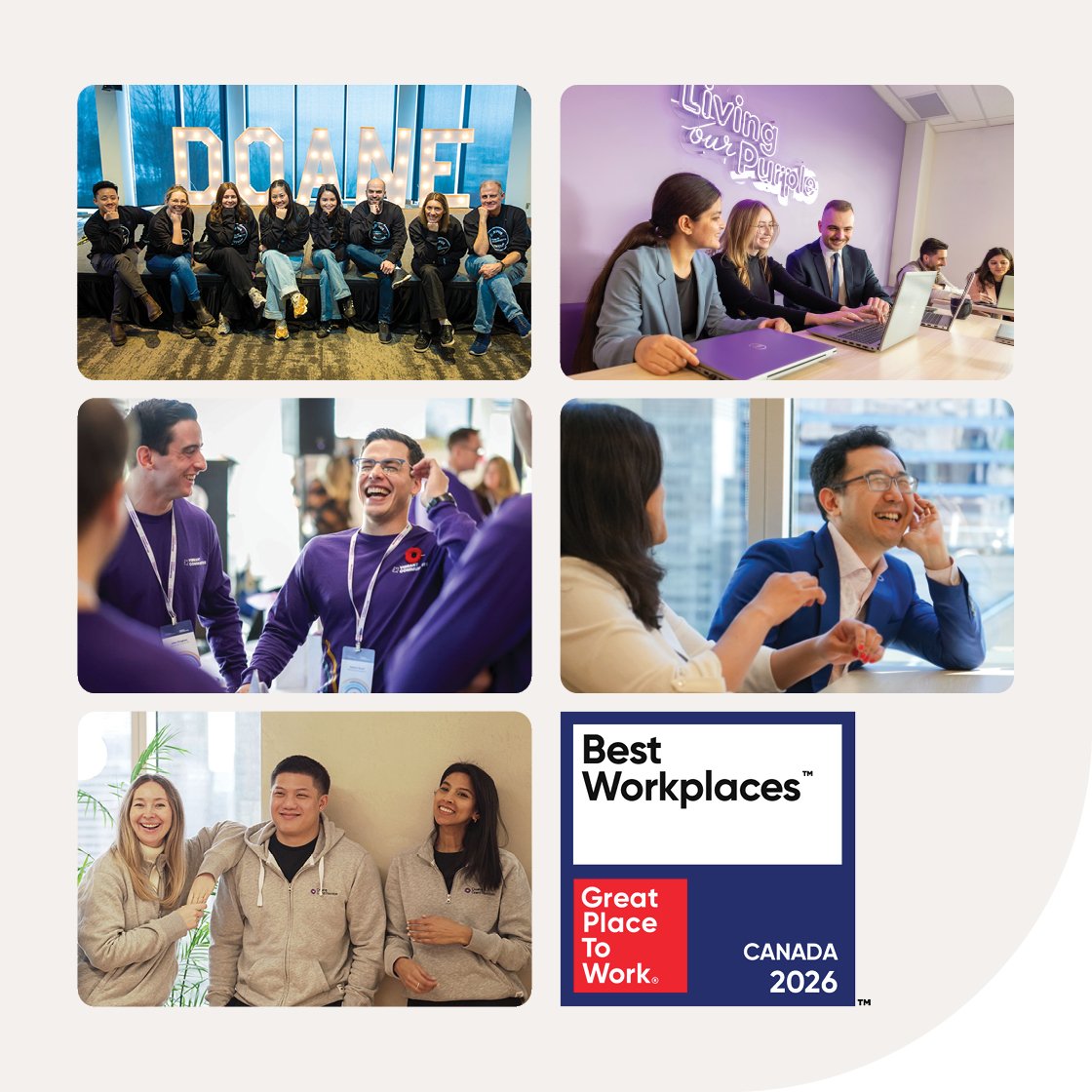 A collage showing Doane Grant Thornton teams collaborating and engaging at corporate events and office meetings, including group seating, workshop discussions, and workplace conversations. 
