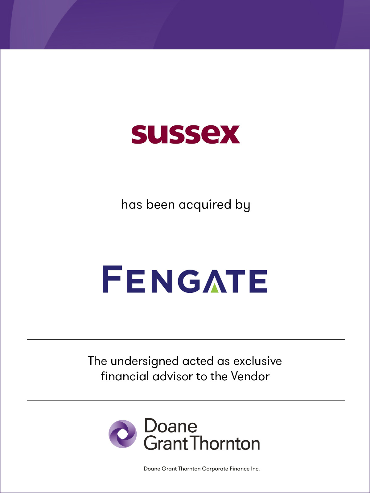 Sussex has been acquired by Fengate