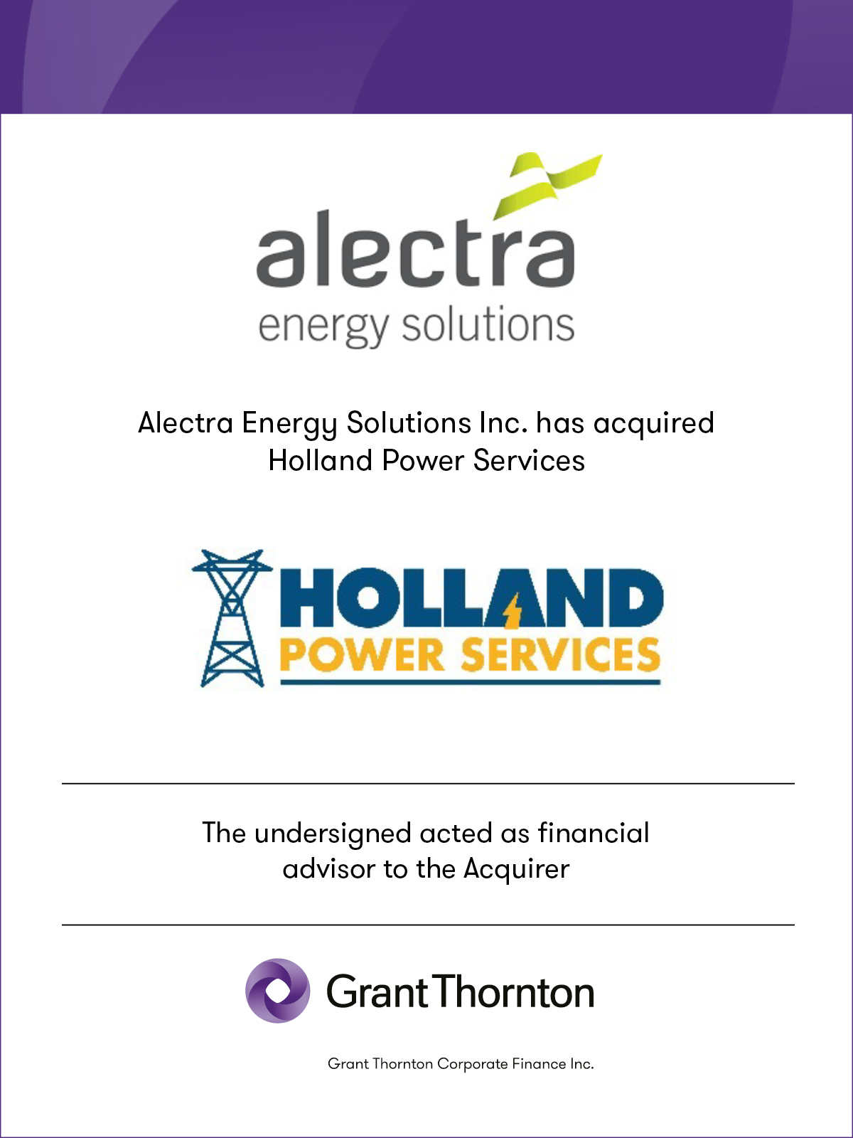 Alectra Energy Solutions has acquired Holland Power Services