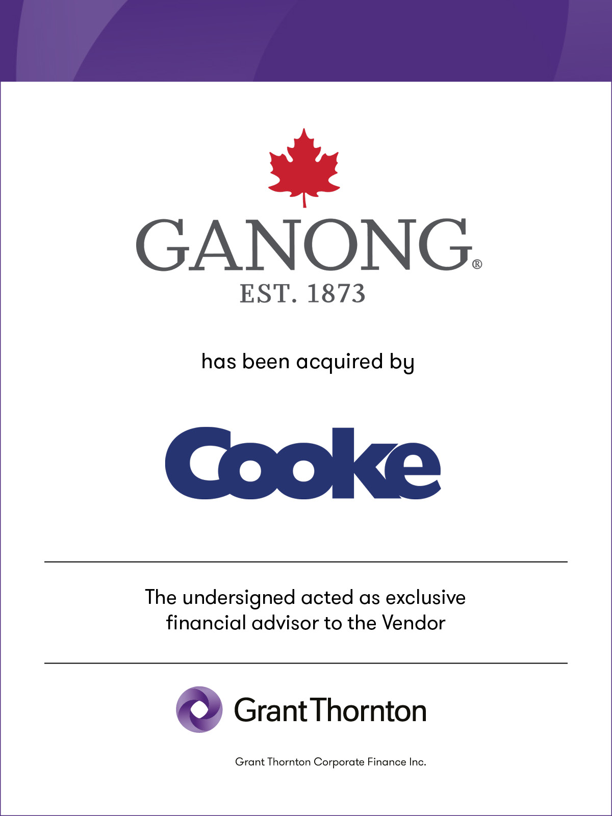 Ganong has been acquired by Cooke