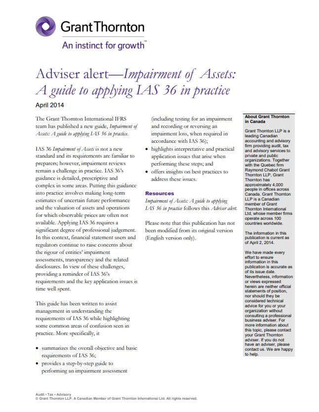 Download the Adviser alert—Impairment of Assets:  A guide to applying IAS 36 in practice
