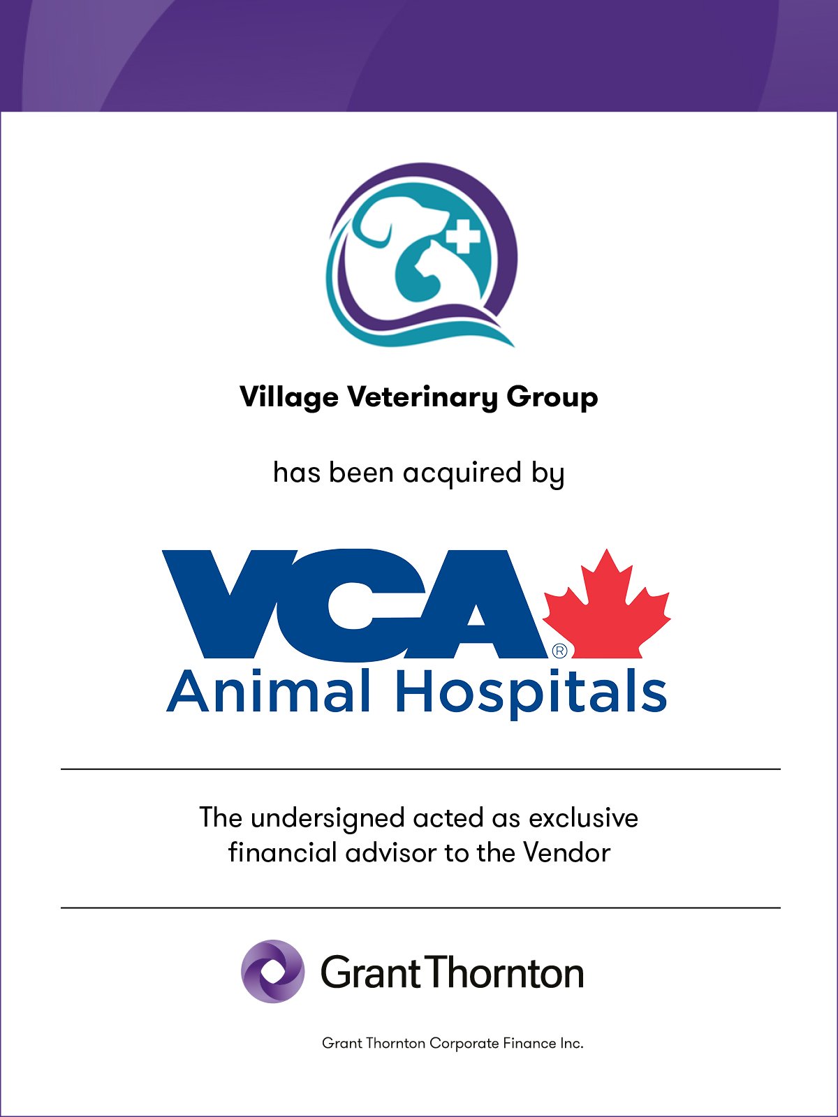 Village Veterinary Group has been acquired by VCA Animal Hospitals