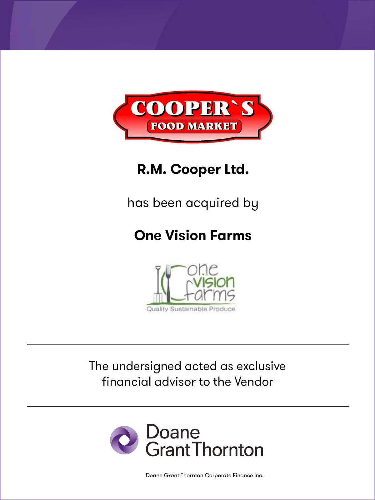 R.M. Cooper Limited acquired by One Vision Farms